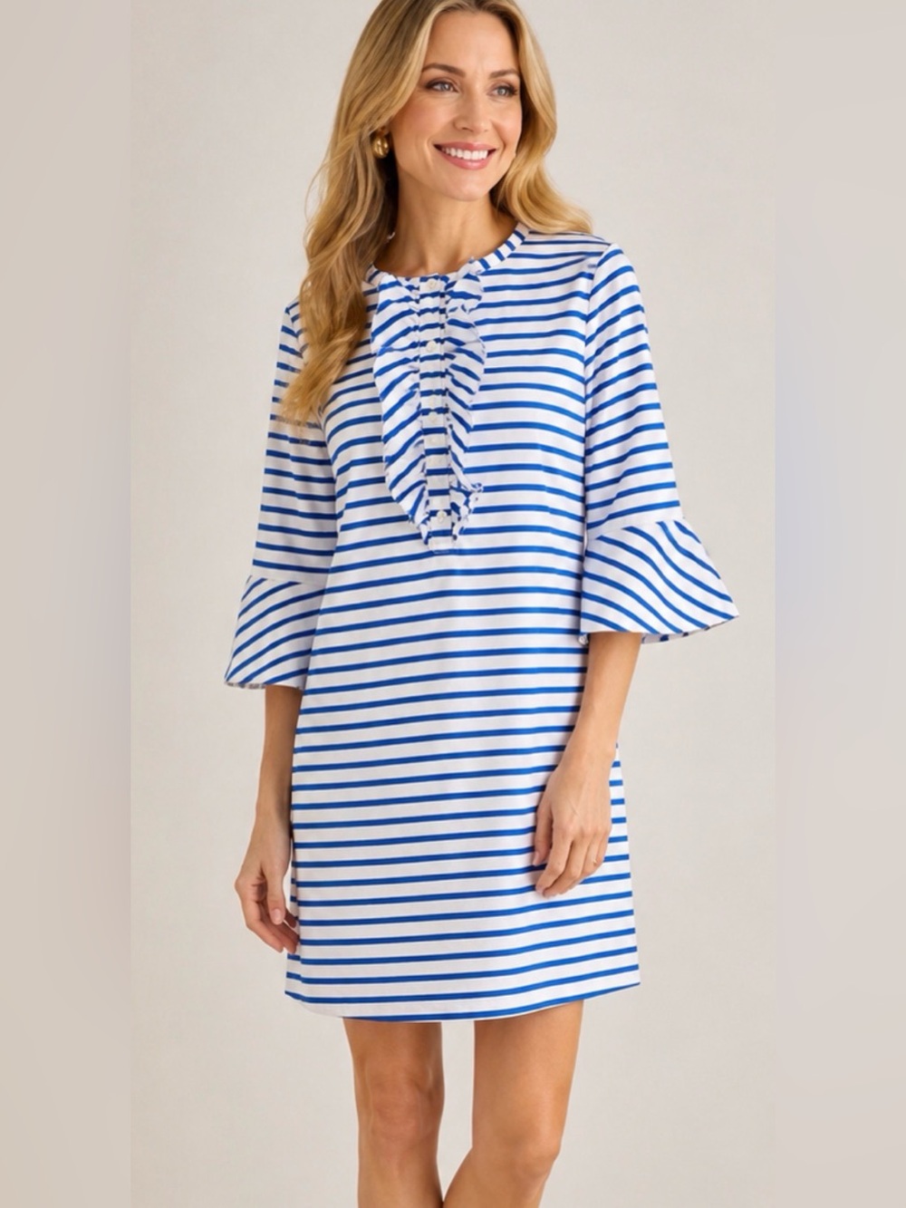 Draper James Blue & White Striped Ruffle Bell Sleeve Dress Size 10